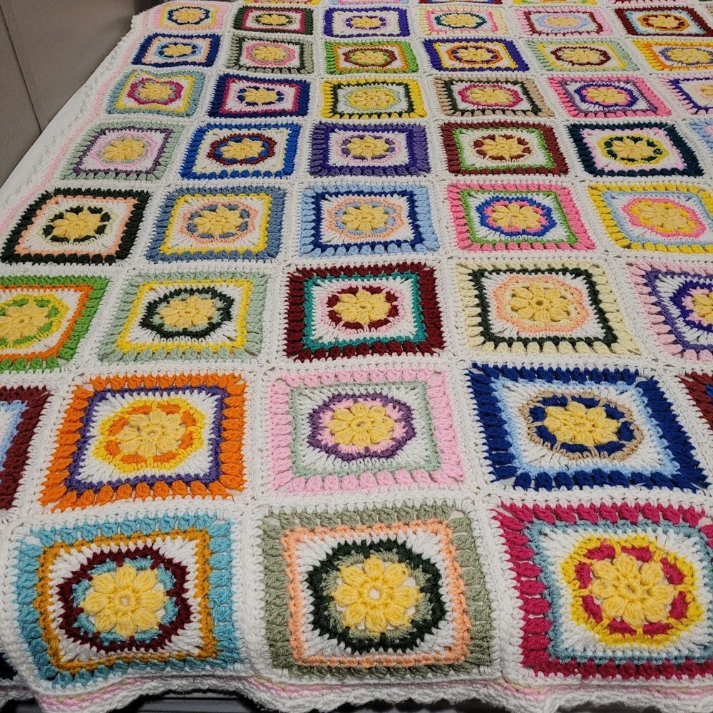 Vibrant Handmade Crochet Granny Square Afghan Blanket MultiColor Floral Sunburst